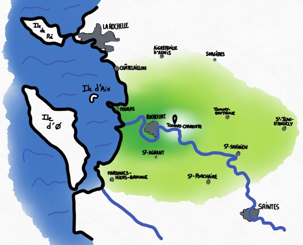 Carte d’illustration de notre secteur : De Fouras,  Chatelaillon à St Jean d’Angély, St Porchaire, Marennes.